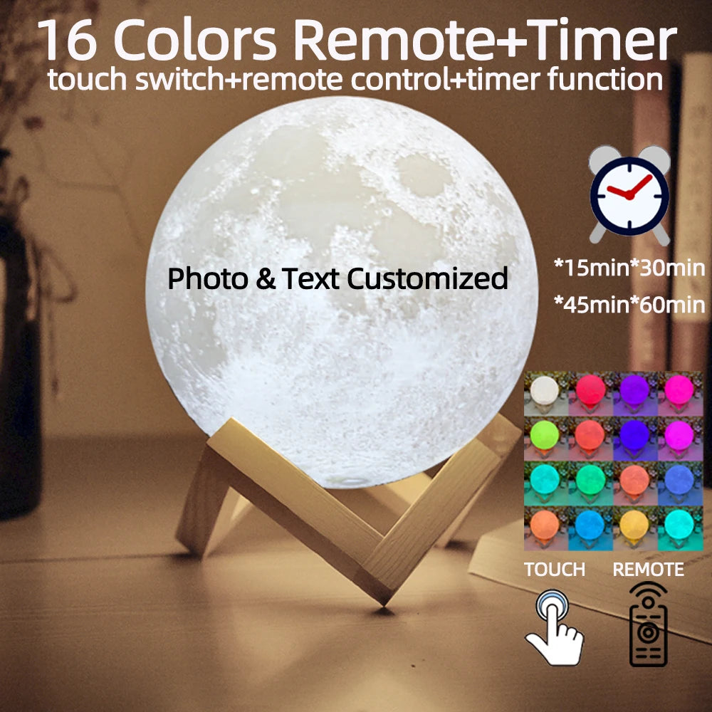 Personalized 3D Printing Moon Lamp Customized Photo Text Night Light USB Rechargeable Valentine's Lunar Gift