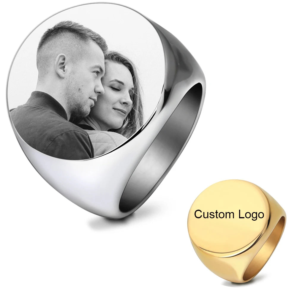 Personalized Signet Ring - Custom Engraved Name, Logo, or Photo - Stainless Steel Gift for Men, Weddings & Couples