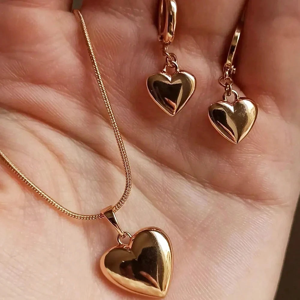 Glossy Gold Love Heart Earrings & Necklace Jewelry Set