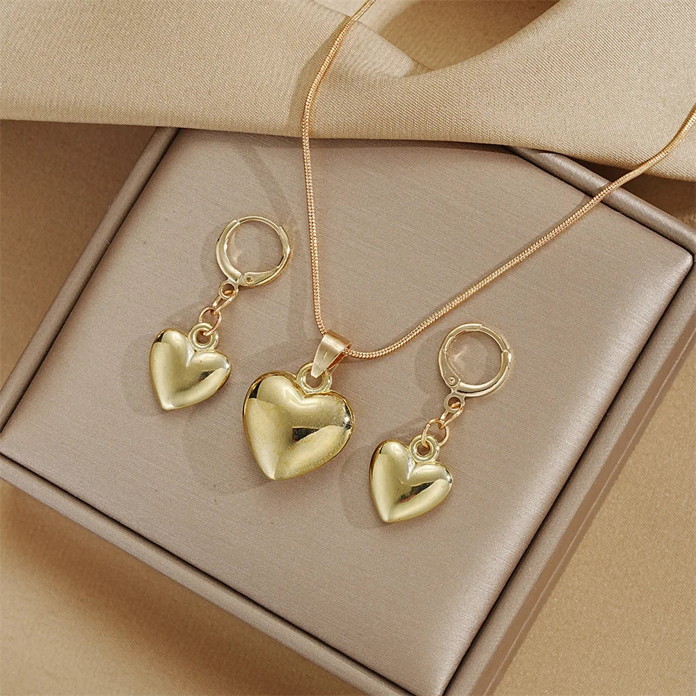 Glossy Gold Love Heart Earrings & Necklace Jewelry Set