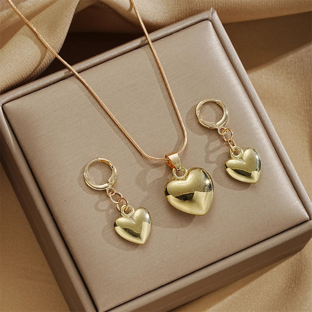 Glossy Gold Love Heart Earrings & Necklace Jewelry Set