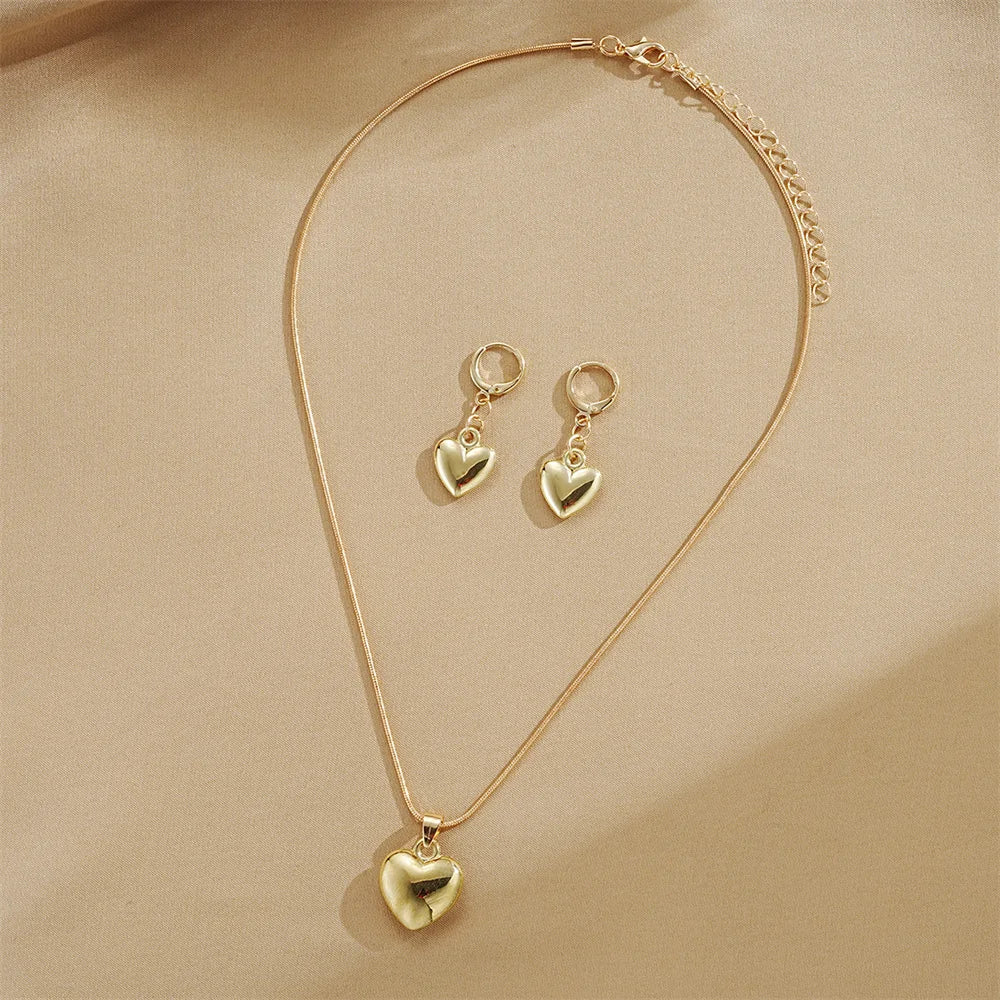 Glossy Gold Love Heart Earrings & Necklace Jewelry Set