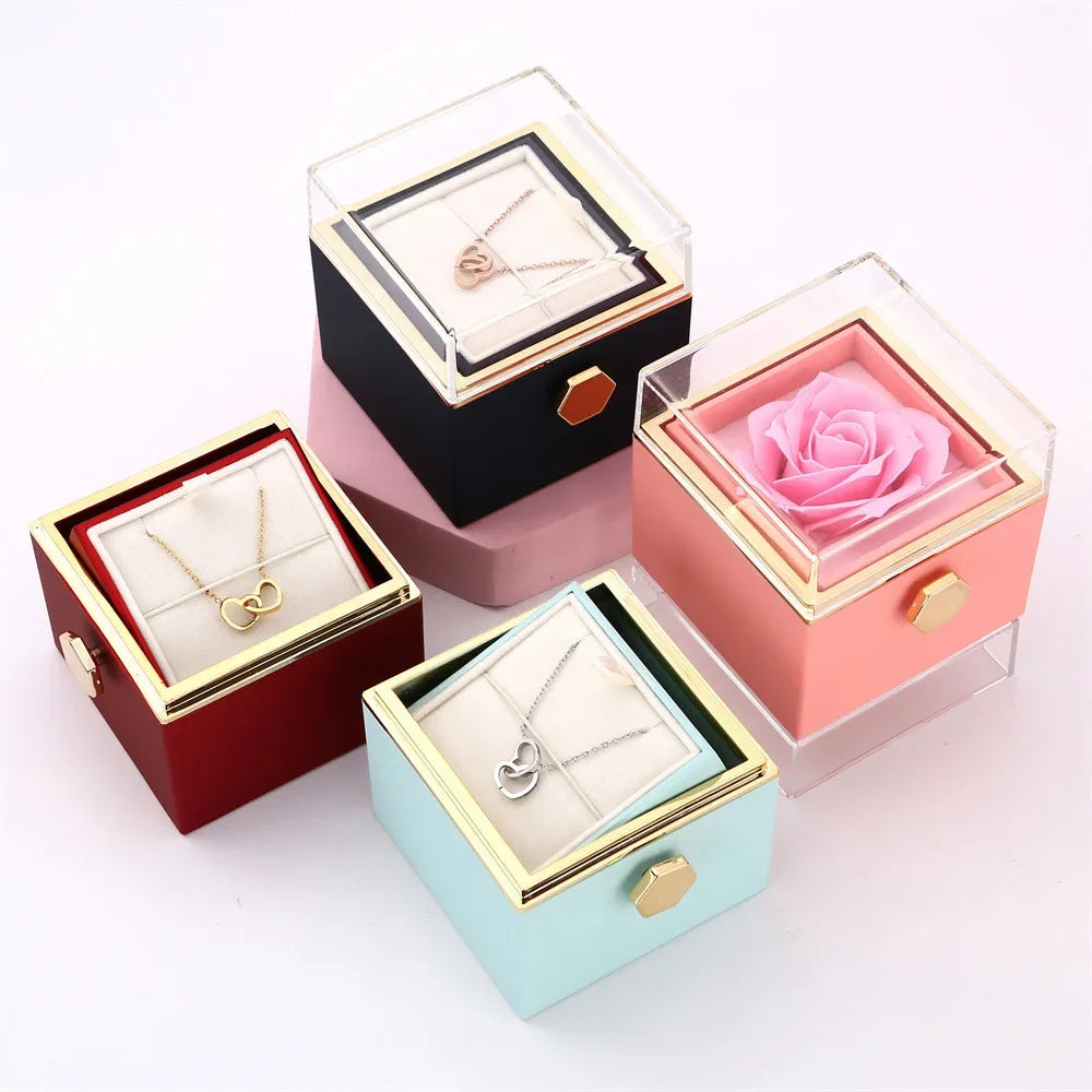 Rotating Rose Jewelry Gift Box with Custom Necklace