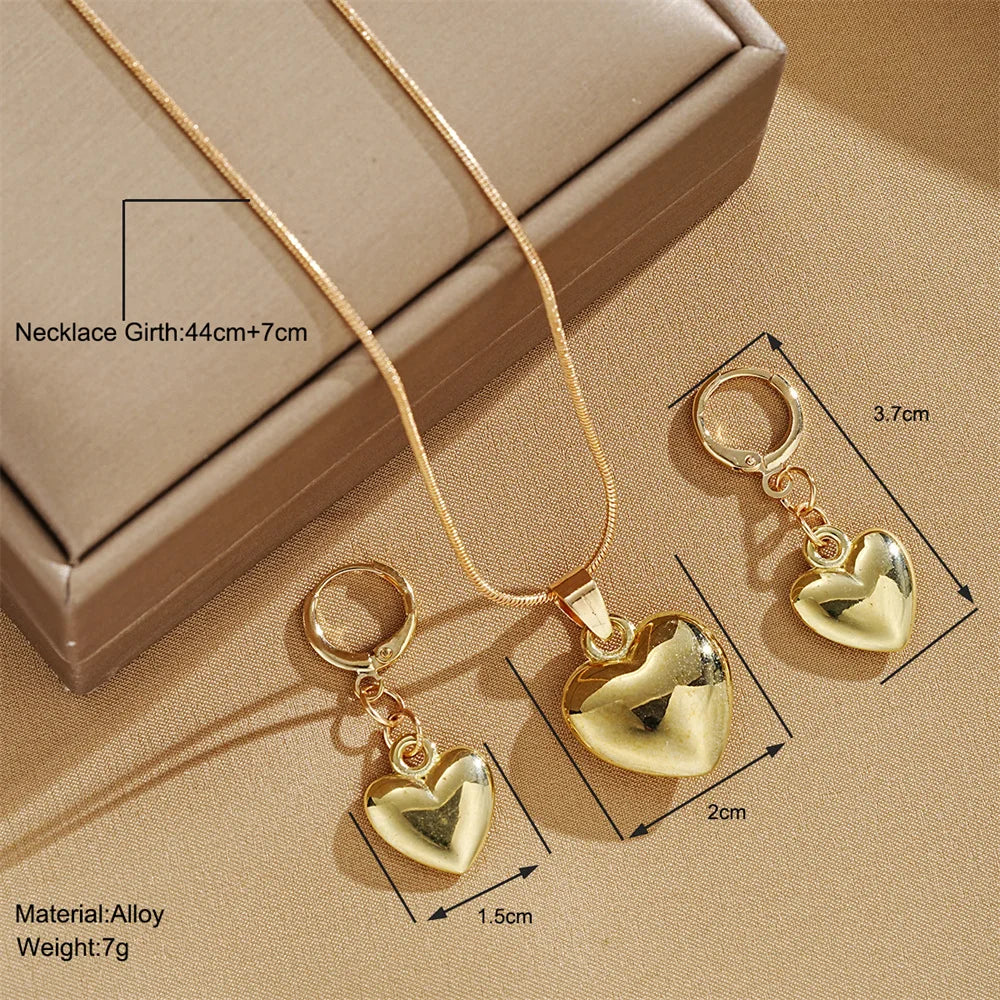 Glossy Gold Love Heart Earrings & Necklace Jewelry Set